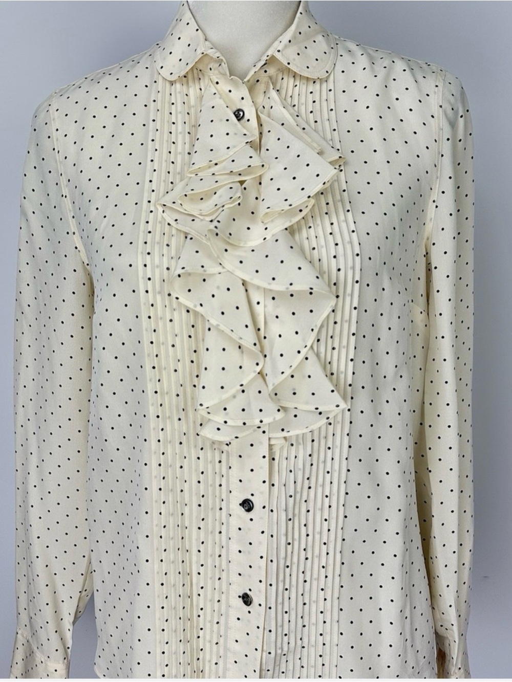 J Crew 100% Silk Ruffle Blouse Ruffle Feminine Cream White Black Polka Dots
